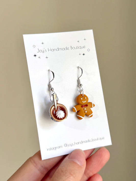Gingerbread Man and Hot Cocoa + Cream earrings|Handmade from polymer clay
