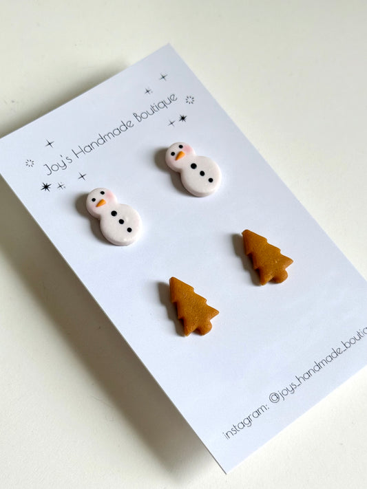 Snowman and Gingerbread Tree Stud Pack | Handmade from polymer clay
