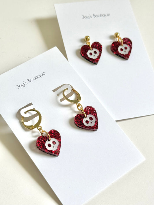 Sparkly Glitter Skull Heart Earrings - Handmade from polymer clay