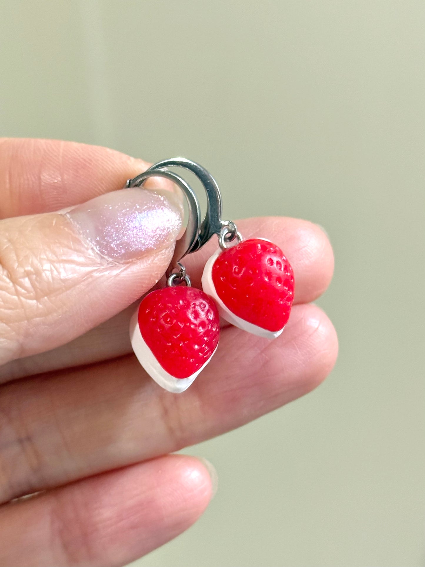 Strawberries and cream gummy candy earrings (mini huggies) - Handmade from polymer clay