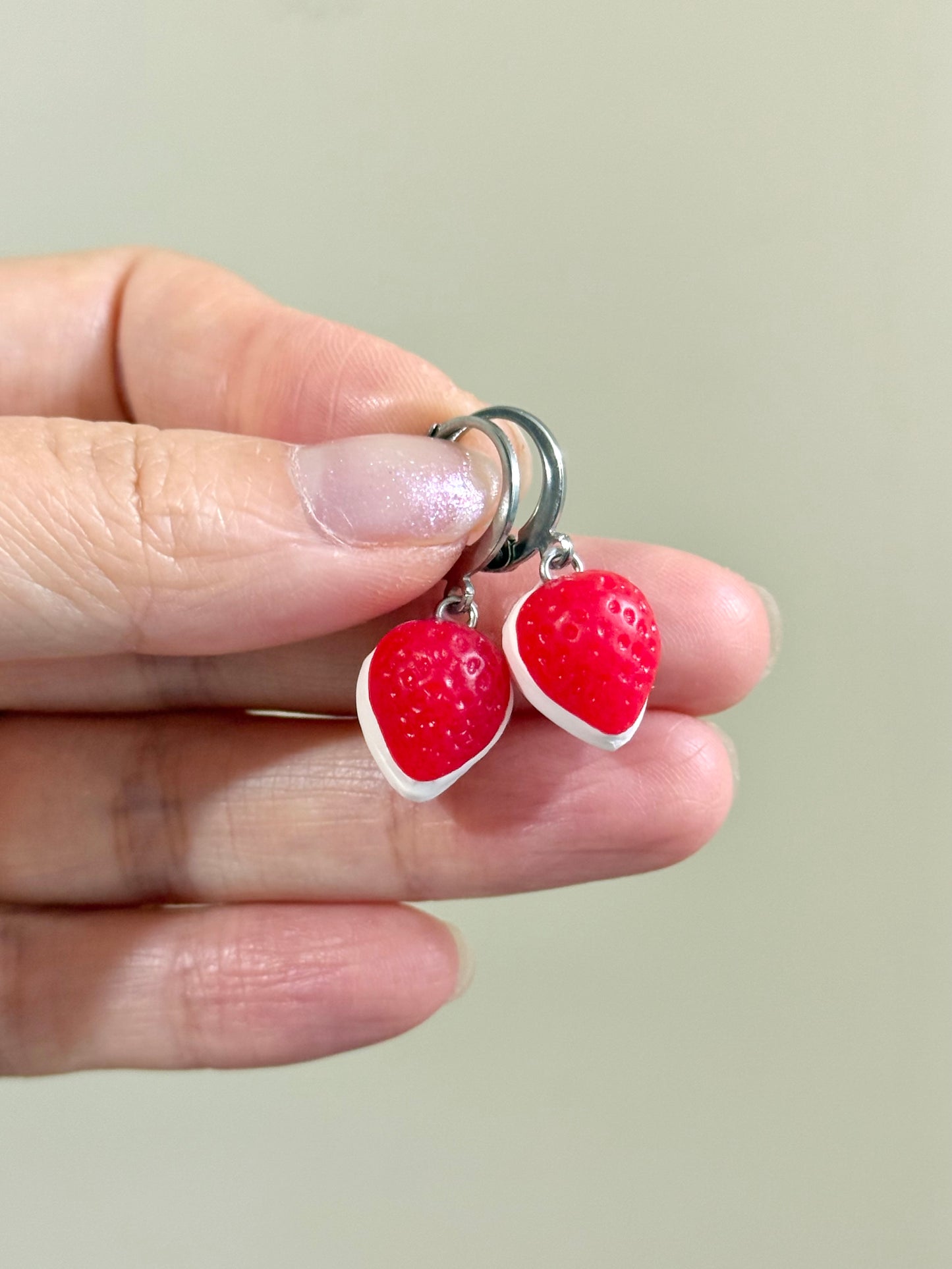 Strawberries and cream gummy candy earrings (mini huggies) - Handmade from polymer clay