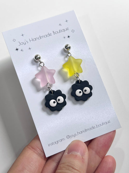 Soot Sprite and Big Star Earrings (Pink and Yellow) | Handmade from polymer clay