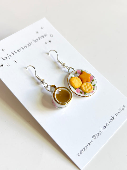 Ceramic tea and biscuits earrings (Design 2) | Handmade from polymer clay