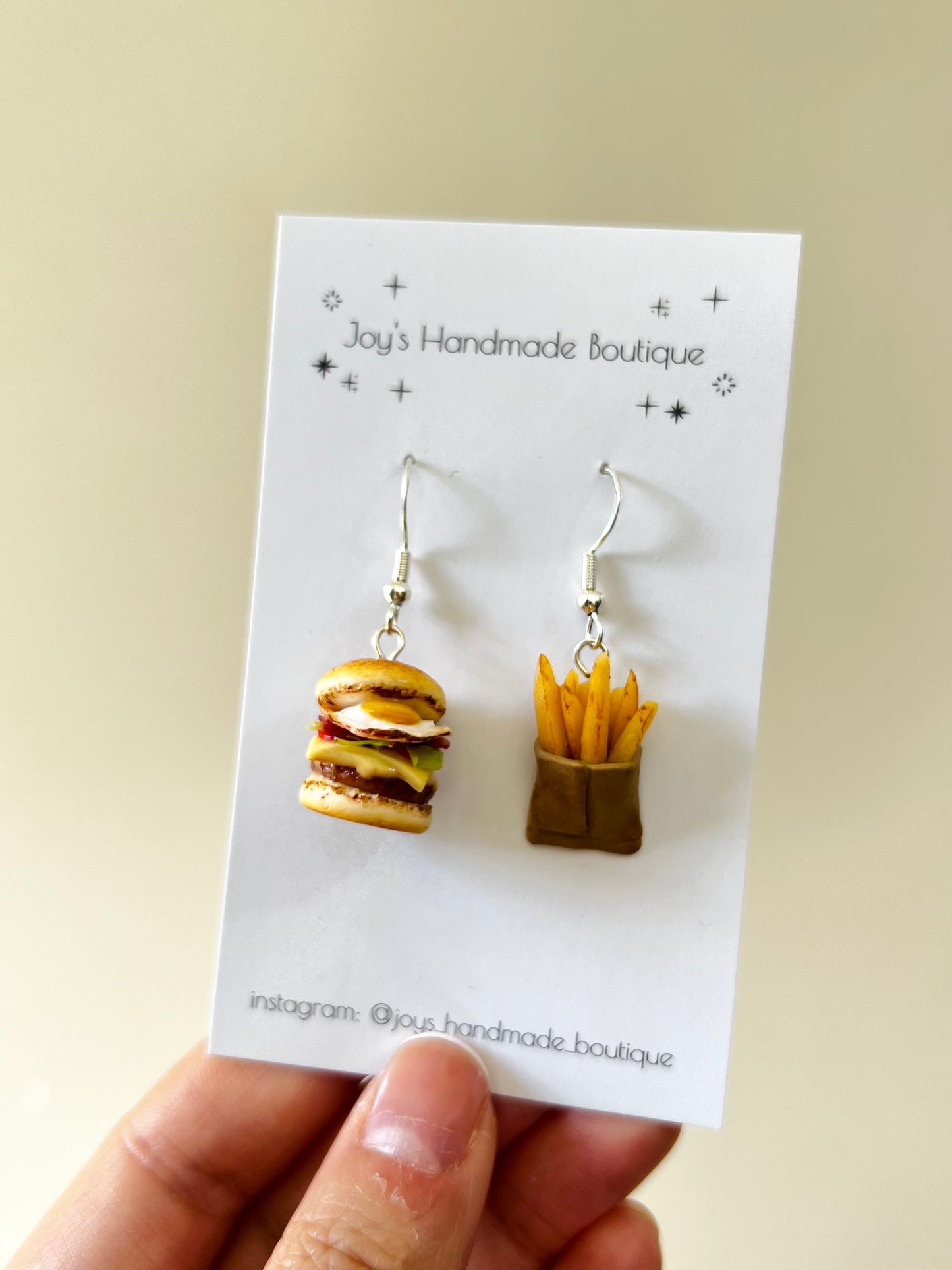 Burger and fries earrings (with egg)| Handmade from polymer clay