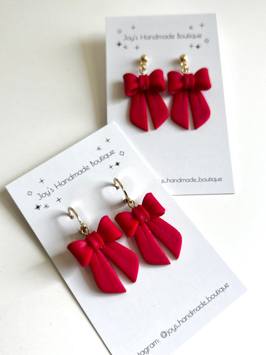 Christmas Gift Bow Dangly Earrings | Handmade from polymer clay