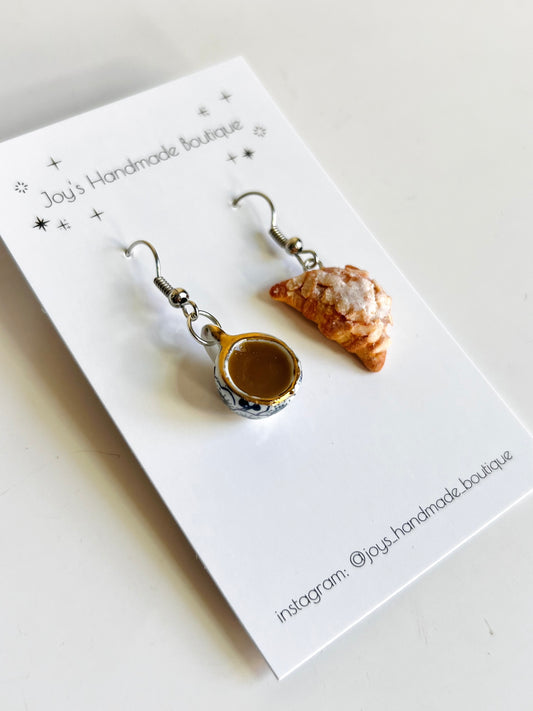 Almond croissant and coffee Earrings | Handmade from polymer clay