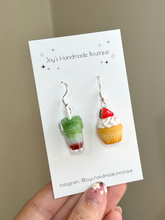 Strawberry cupcake and Strawberry Matcha Latte earrings - Handmade from polymer clay