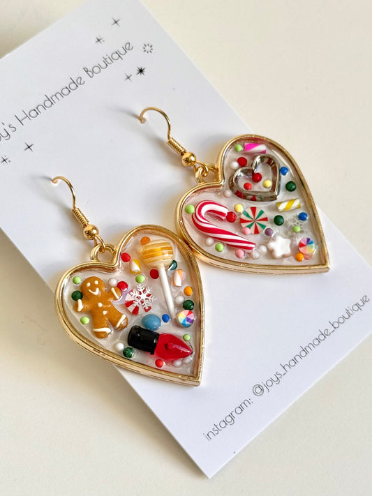 Christmas Treat Resin Heart Earrings (Design 13) | Handmade from Polymer Clay and Resin