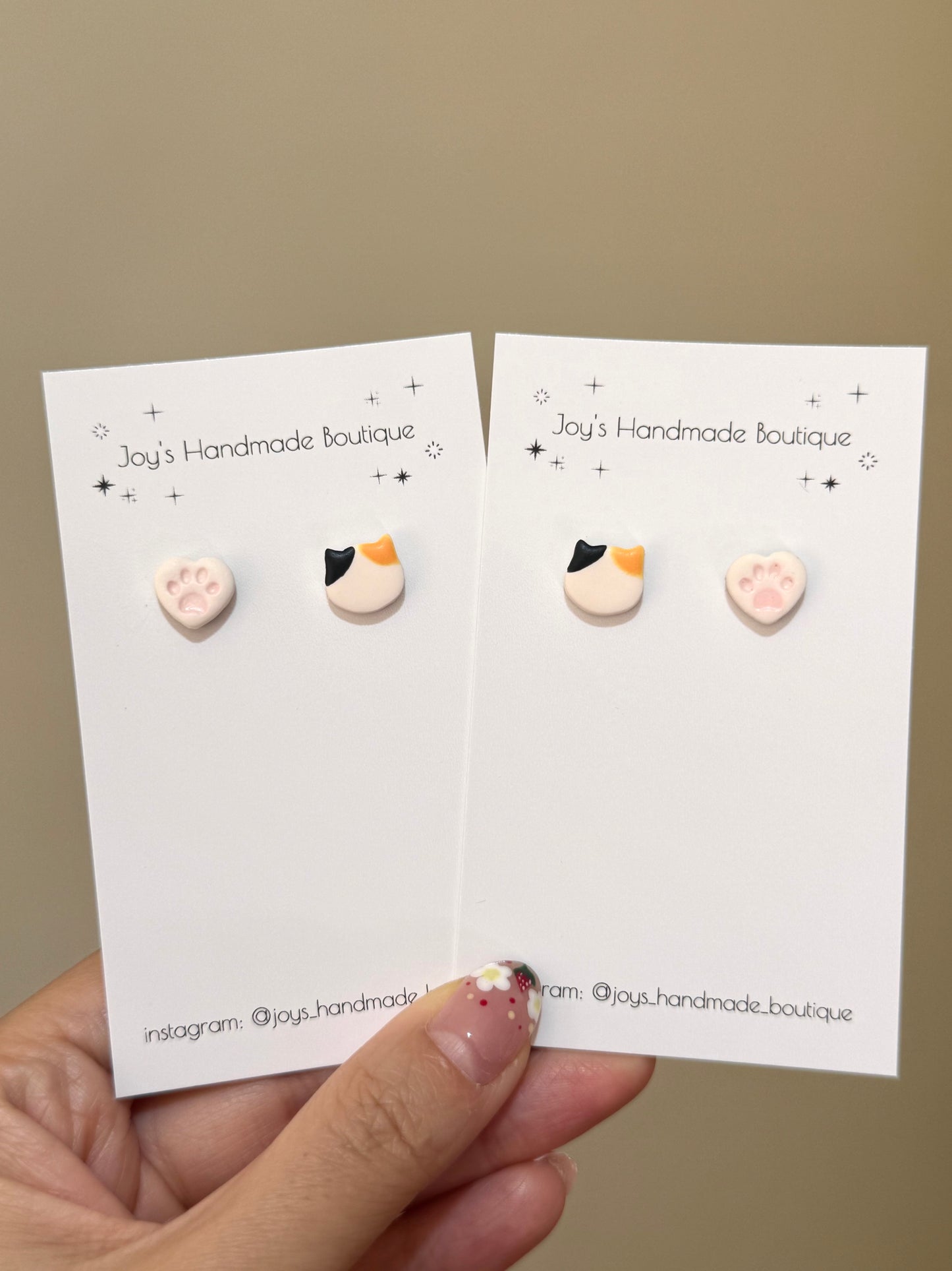 Calico cat + paw stud earrings | Handmade from Polymer Clay