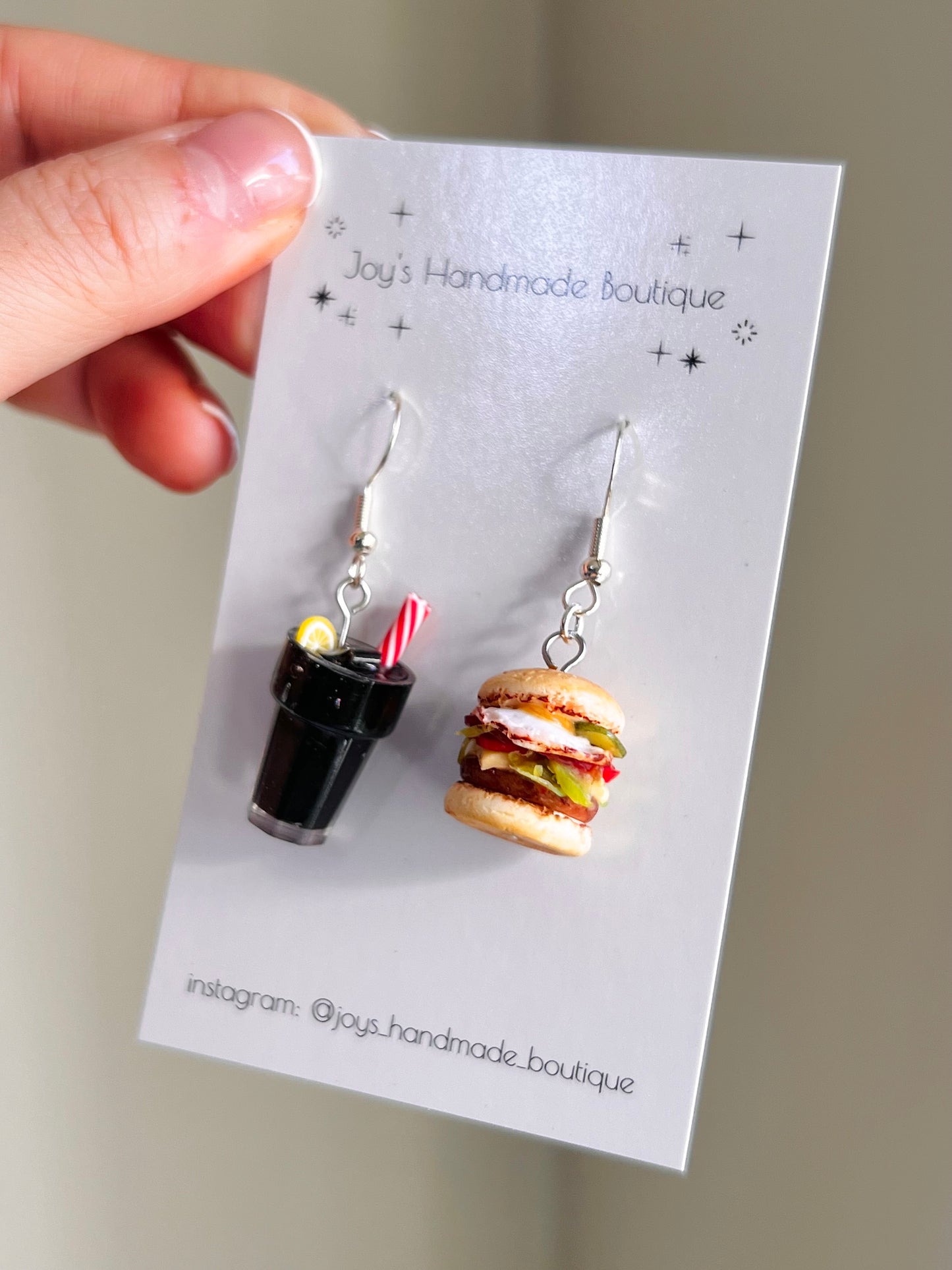 Burger and cola earrings (with egg) | Handmade from polymer clay