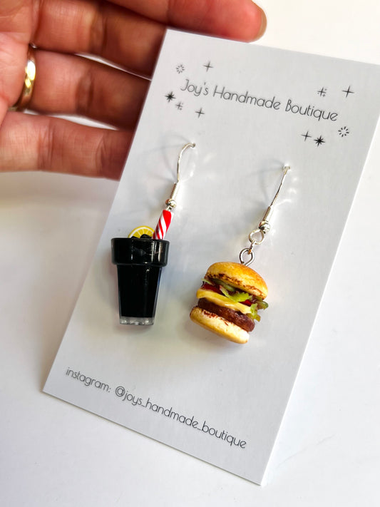 Burger and cola earrings (no egg) | Handmade from polymer clay