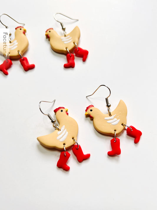 Chicken with Boots Earrings | Handmade from polymer clay