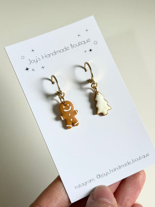 Mismatched Mini Gingerbread Huggie Earrings - Handmade from polymer clay