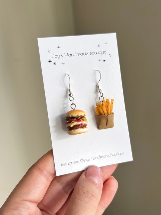 Burger and fries earrings (no egg) | Handmade from polymer clay