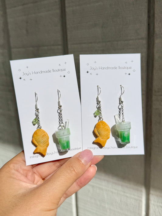 Taiyaki and Matcha Latte earrings (Design 1) - Handmade from polymer clay