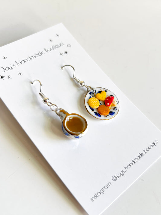 Ceramic tea and biscuits earrings (Design 1) - Handmade from Polymer clay