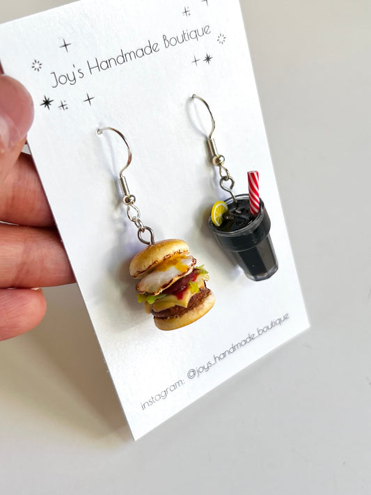 Burger and cola earrings (with egg) | Handmade from polymer clay