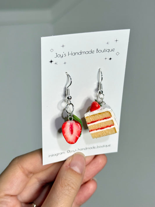 Strawberry Cake Slice and Strawberry half Earrings - Handmade from polymer clay
