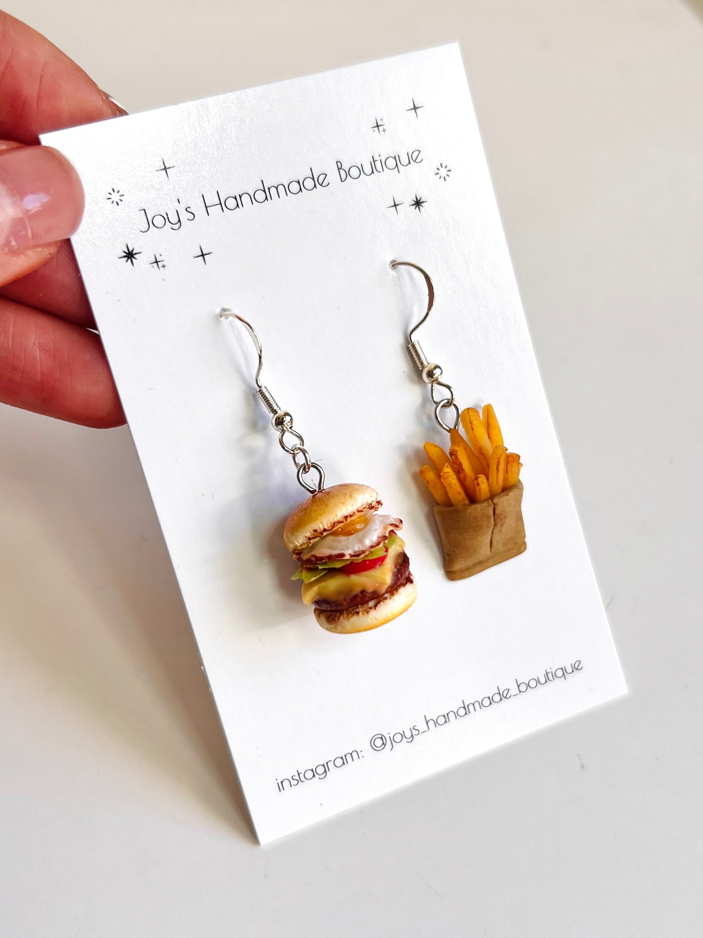 Burger and fries earrings (with egg)| Handmade from polymer clay