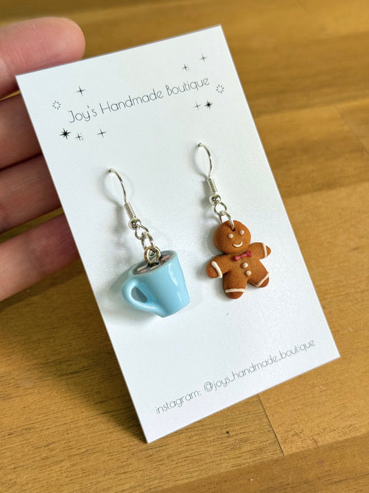 Gingerbread Man and Hot Cocoa earrings|Handmade from polymer clay