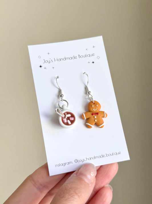 Gingerbread Man and Hot Cocoa earrings|Handmade from polymer clay