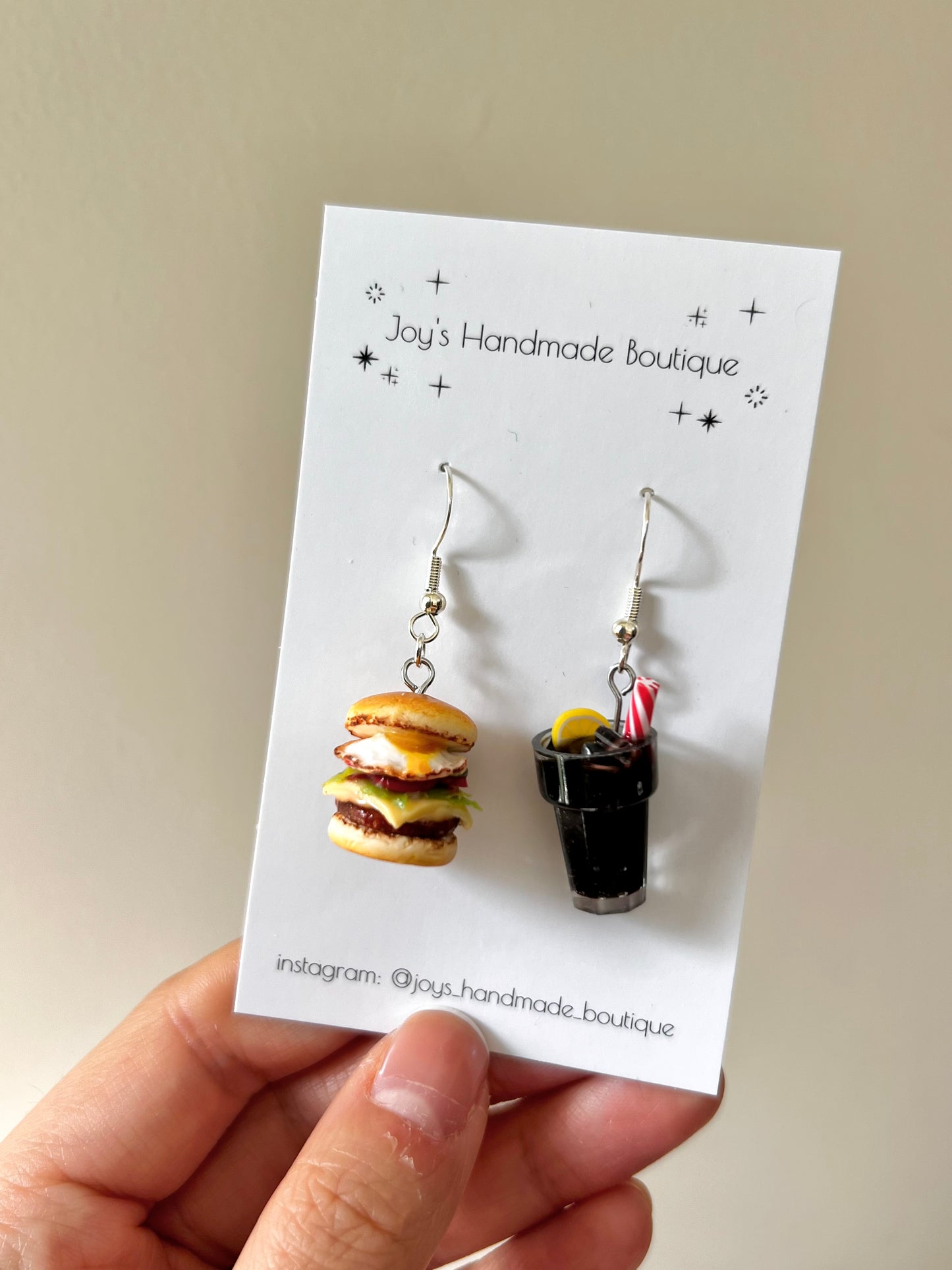 Burger and cola earrings (with egg) | Handmade from polymer clay