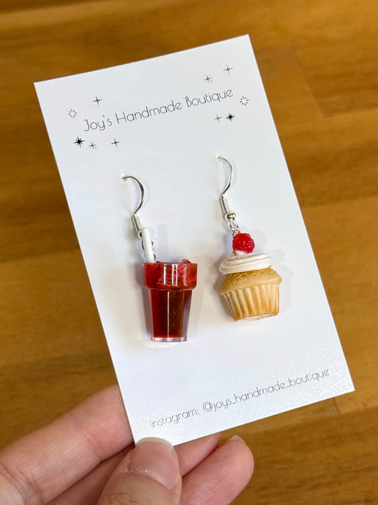 Raspberry Cupcake and Soda earrings - Handmade from polymer clay