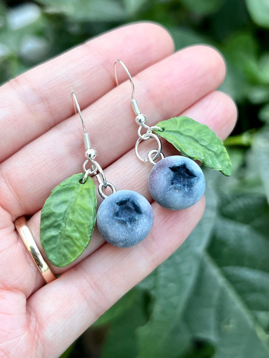 Blueberry with Leaf Earrings | Handmade from polymer clay (Sterling silver hooks)