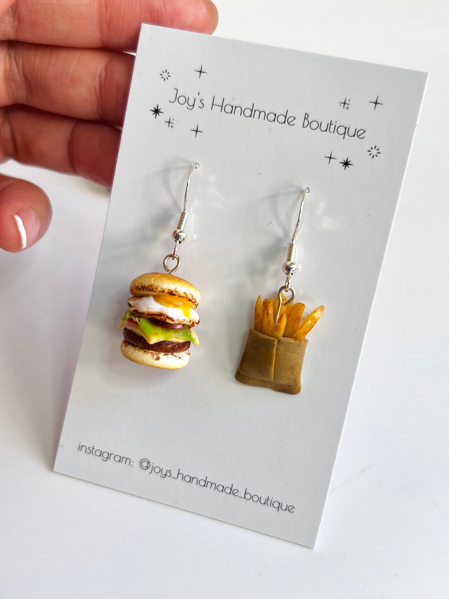 Burger and fries earrings (with egg)| Handmade from polymer clay