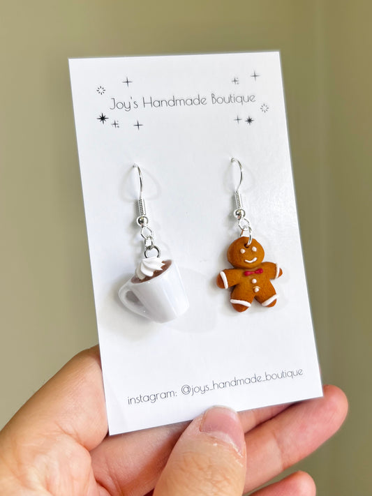 Gingerbread Man and Hot Cocoa Earrings | Handmade from polymer clay and resin