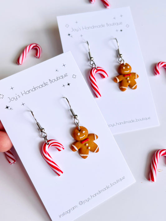 Gingerbread Man and Candy Cane Earrings | Handmade from polymer clay