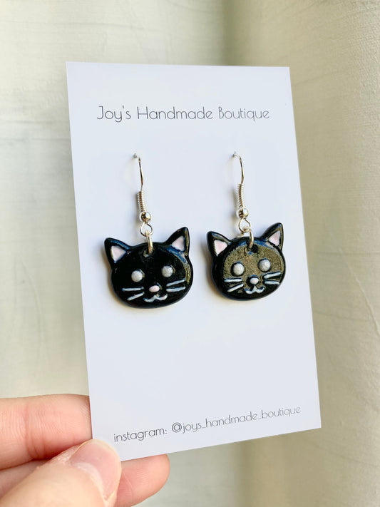 Black Cat Face Earrings | Handmade from Polymer Clay